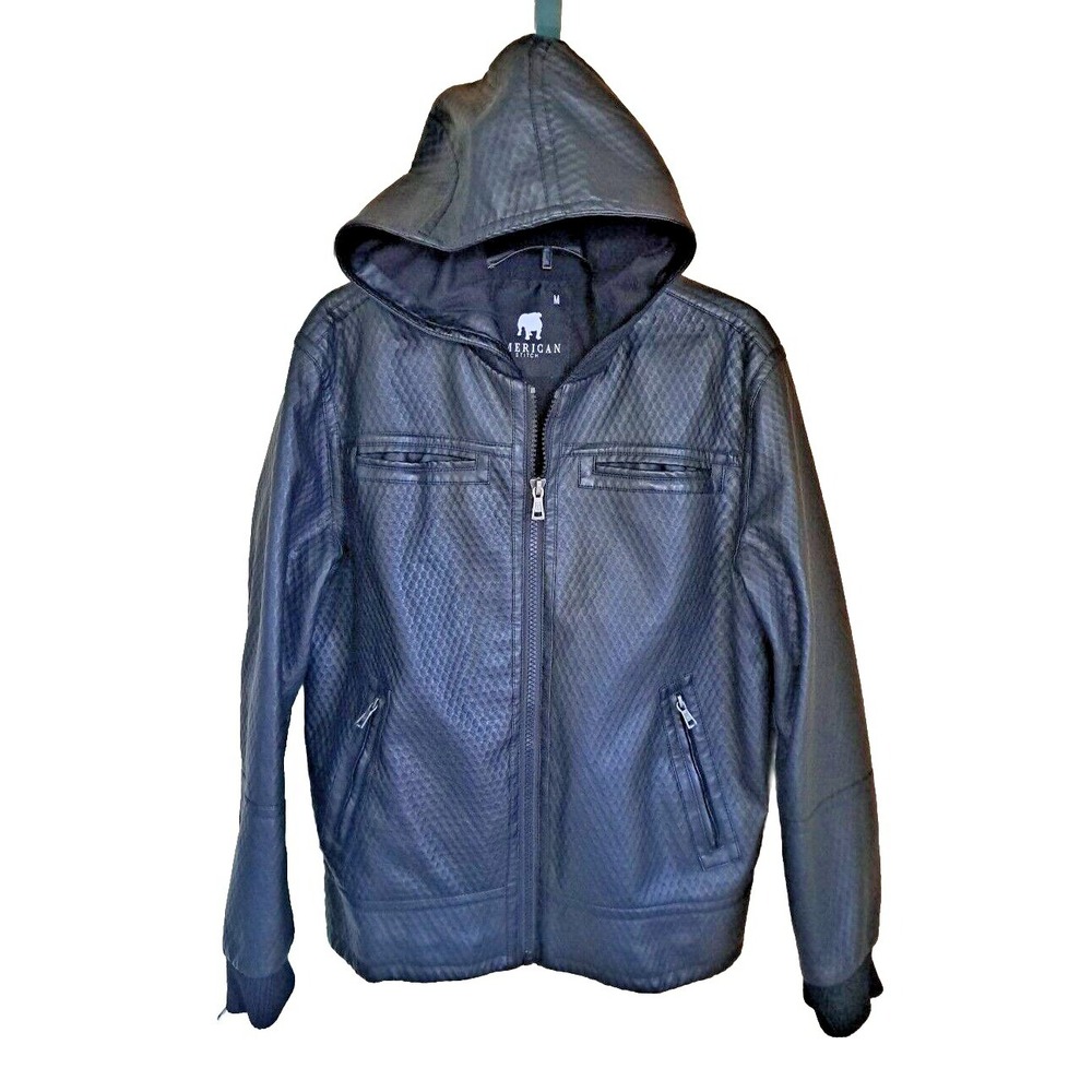 American Stitch Faux Leather Jacket Men's M Black Hooded Full Zip Front Pockets